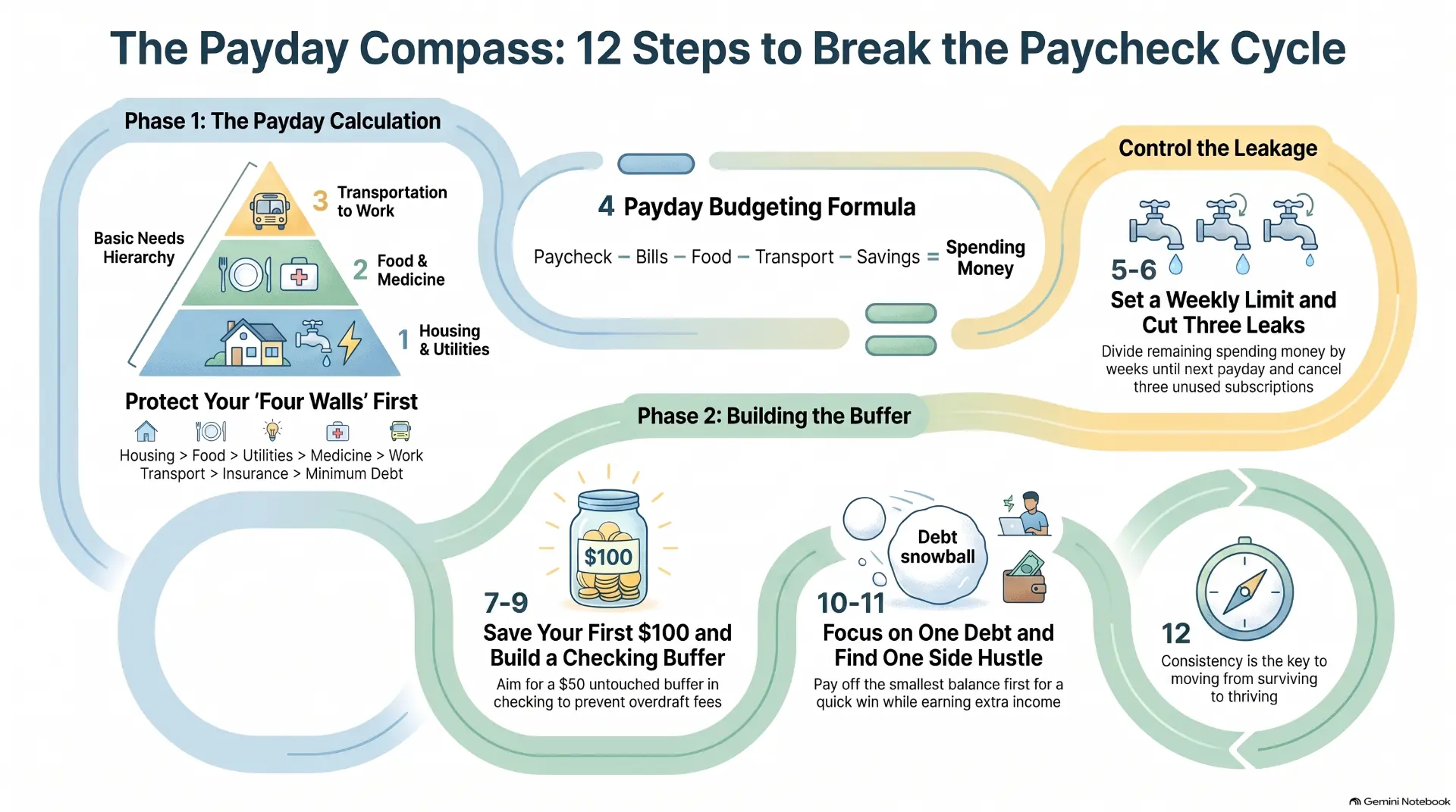 Infographic mapping the 12-step payday plan: protect your four walls, the payday budgeting formula, set a weekly limit and cut leaks, save your first $100, focus on one debt, and repeat every payday.